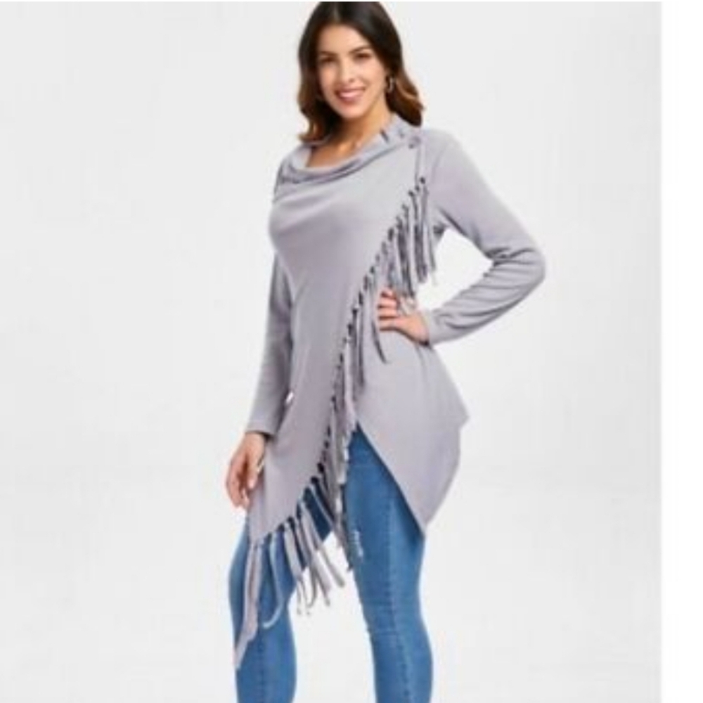 BOMANNI Cowl Neck Fringe Poncho M